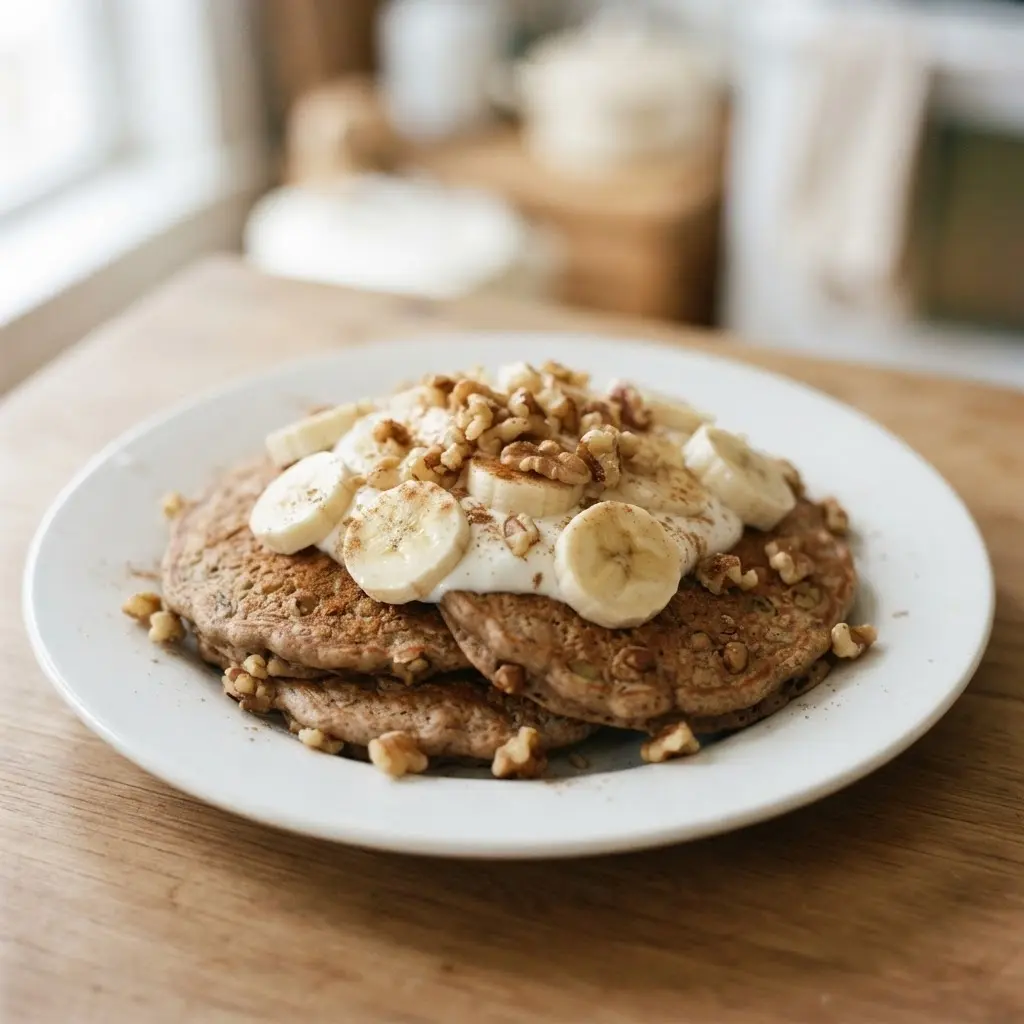 Stack of banana nut whole wheat pancakes topped with yogurt, walnuts, banana slices, and cinnamon.