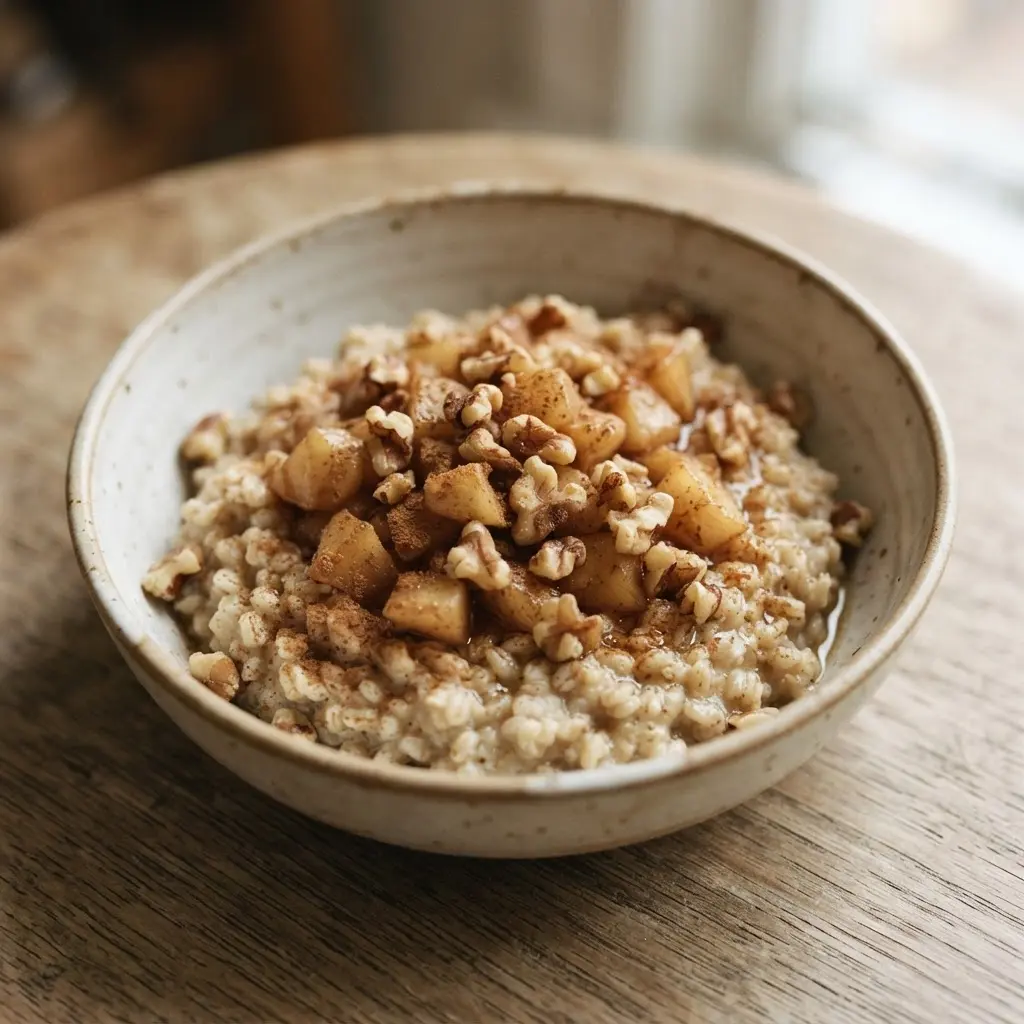 Bowl of warm apple cinnamon barley porridge topped with apple pieces, walnuts, and a dusting of cinnamon.