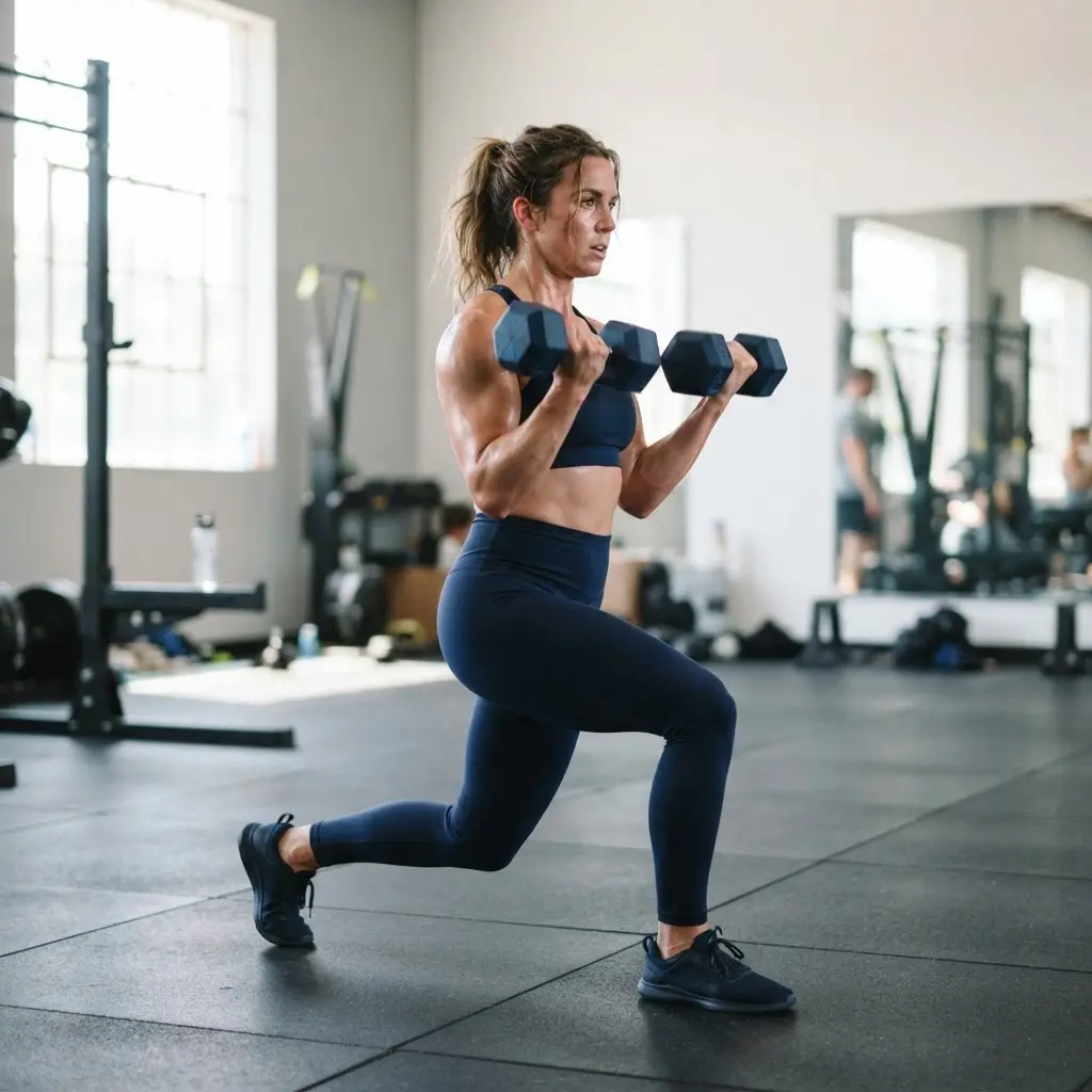 Person lifting dumbbells in a bright gym, showing workout instead of starving as part of weight loss.