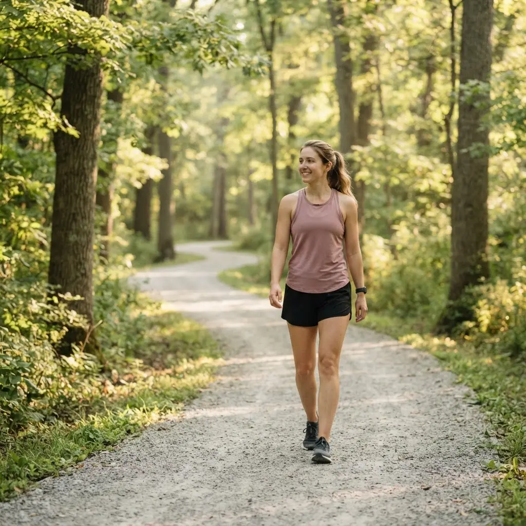 Person walking on a tree-lined path, showing workout instead of starving through enjoyable daily movement.