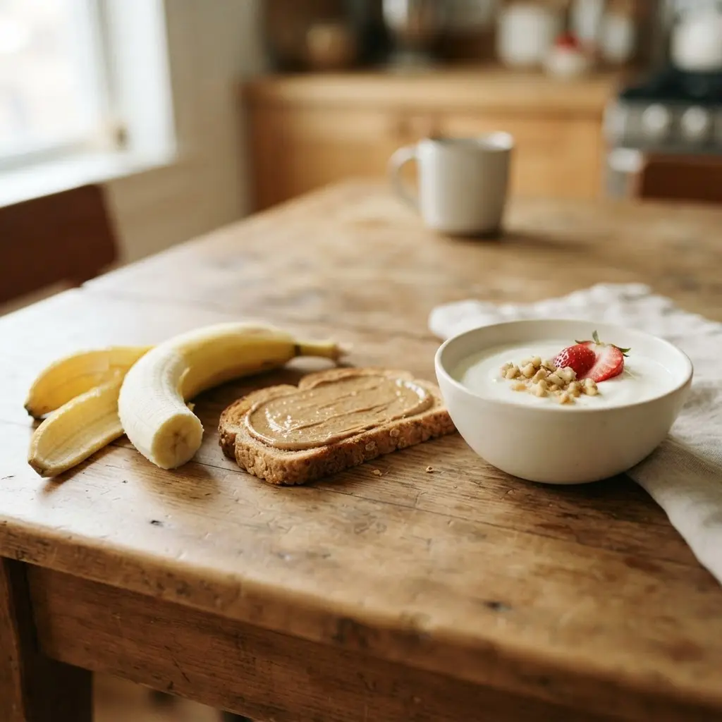 Banana, whole-grain toast, and yogurt on a table before exercise, supporting workout instead of starving.