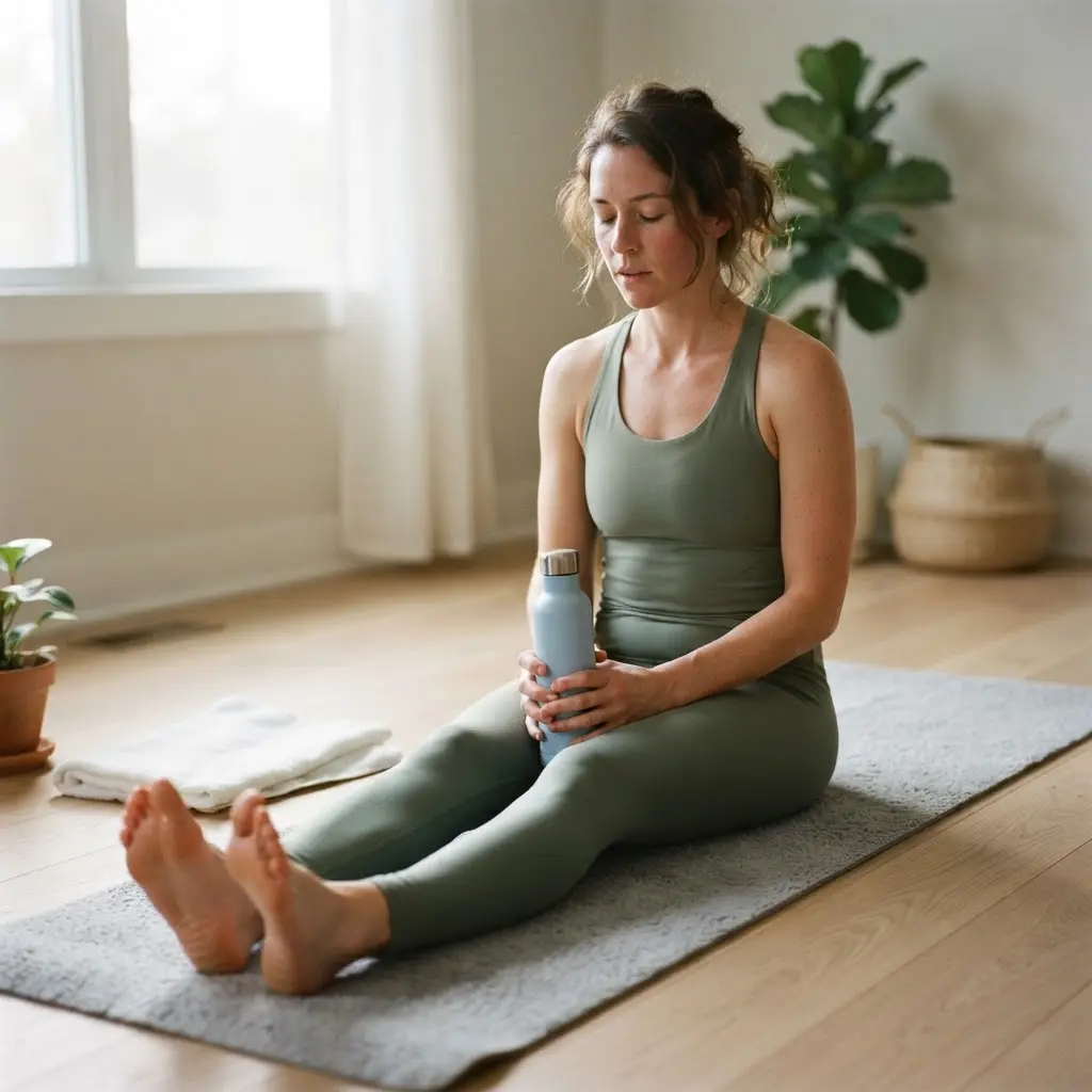 Person seated on a yoga mat with water and a towel after a gentle workout.