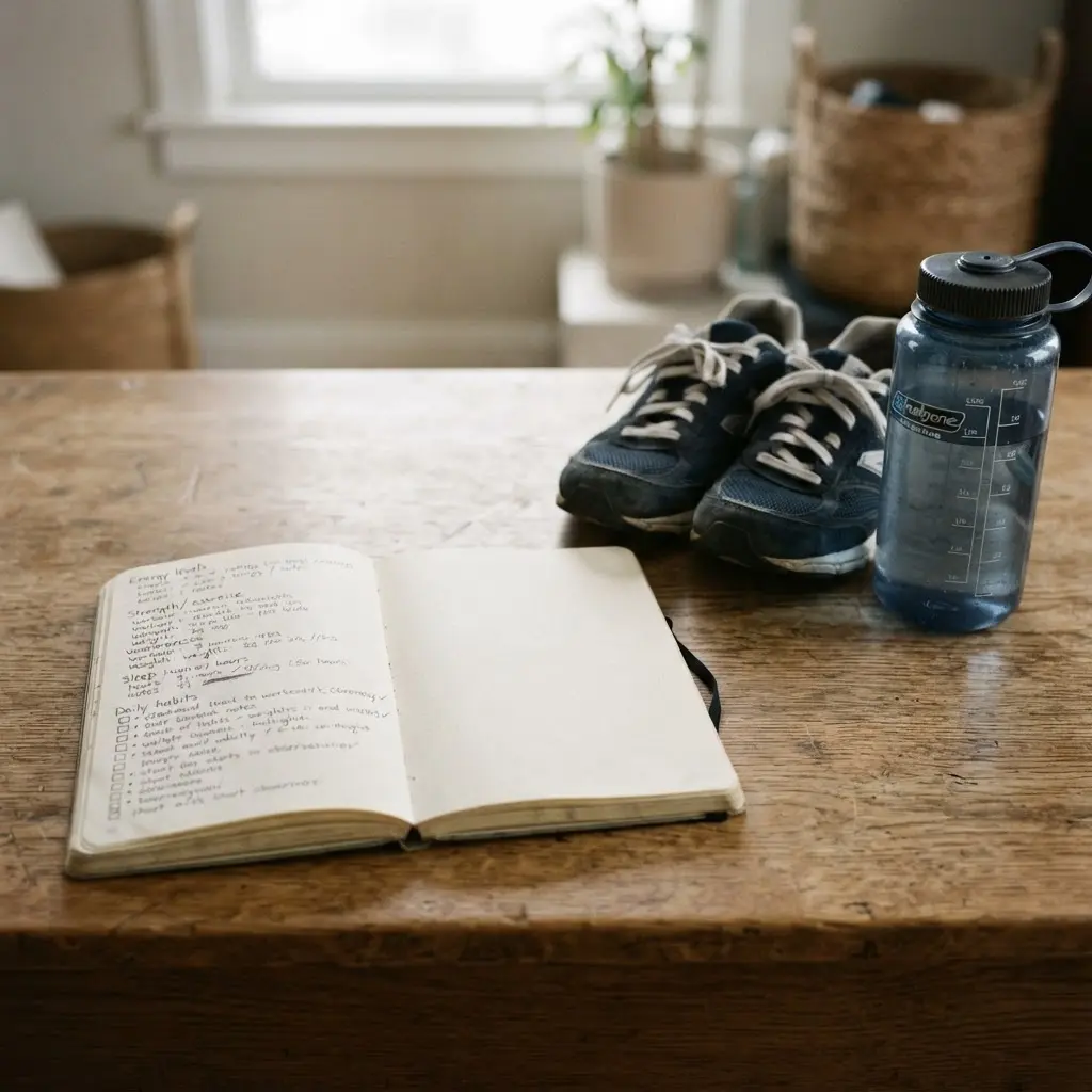 Open notebook with habit notes beside walking shoes and a water bottle on a desk.