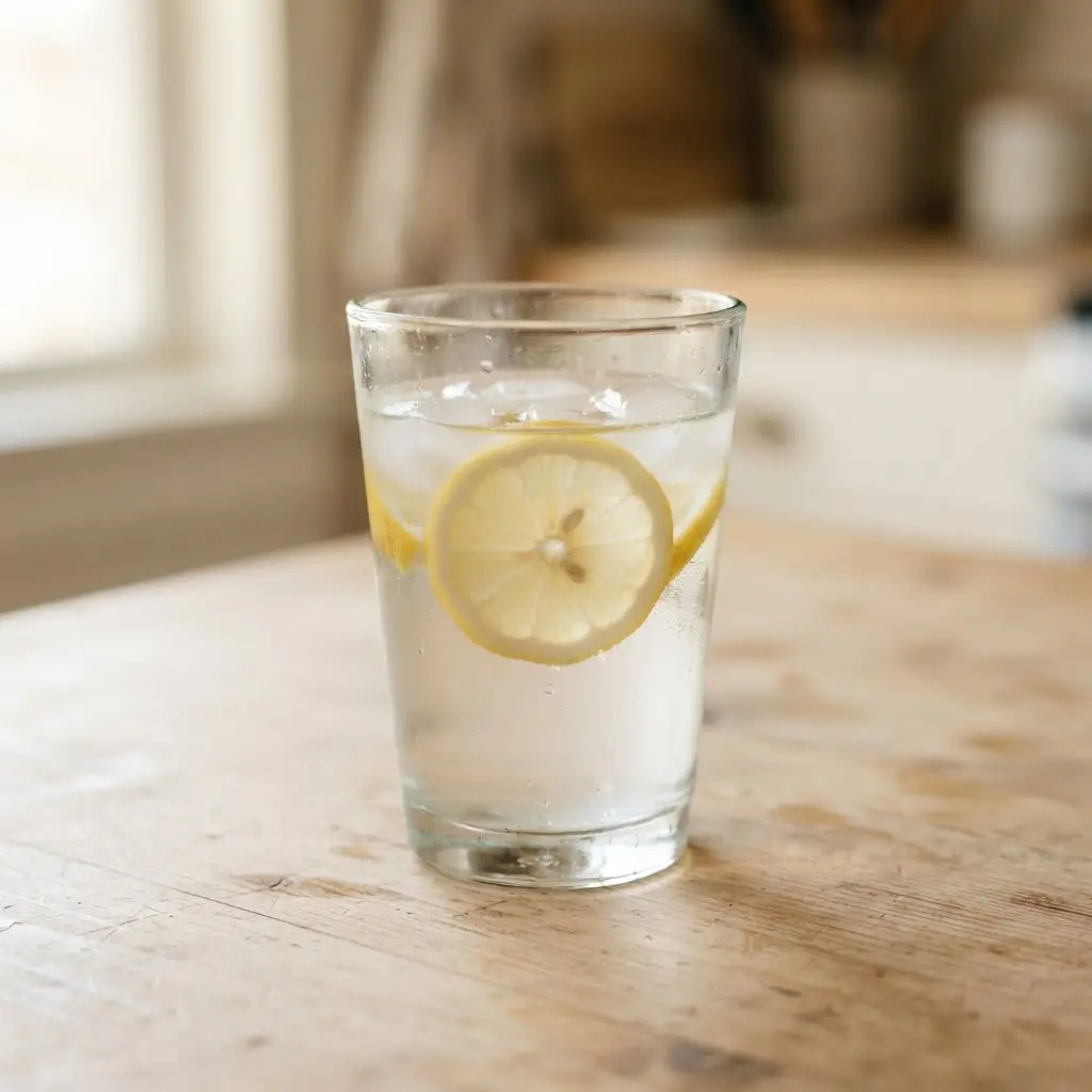 Lemon water in a clear drinking glass on a plain wooden surface.