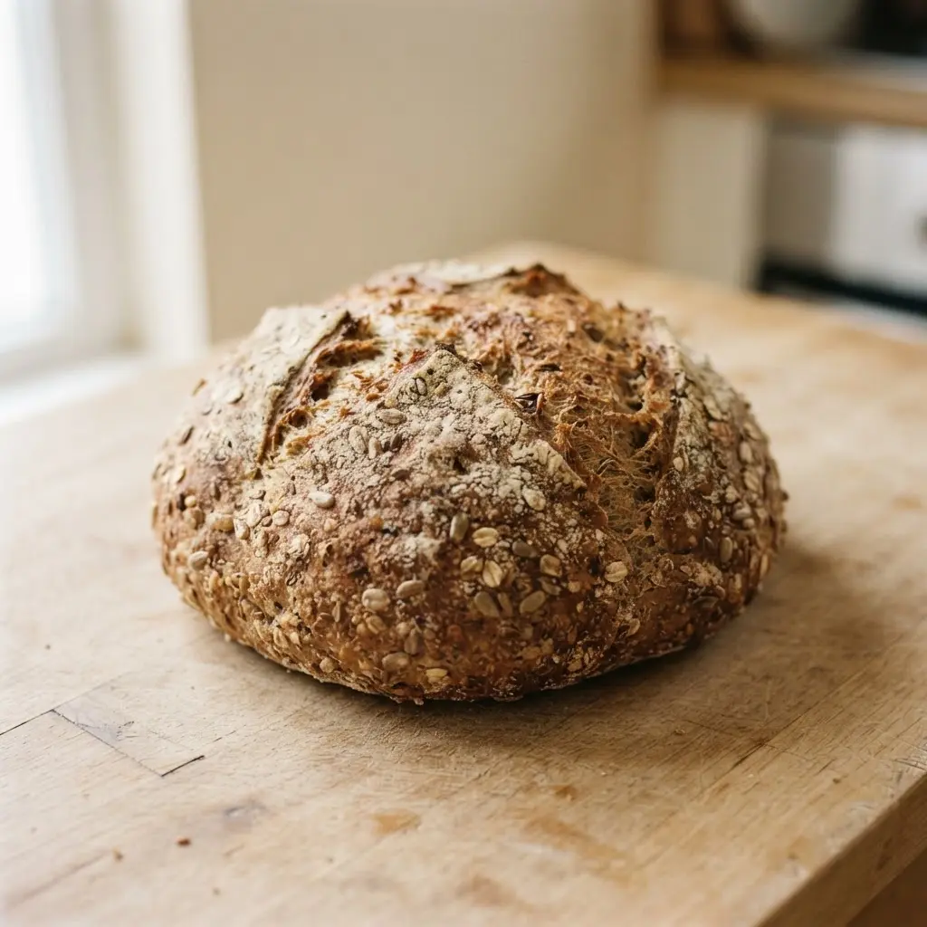 Whole grain bread on a plain wooden surface.